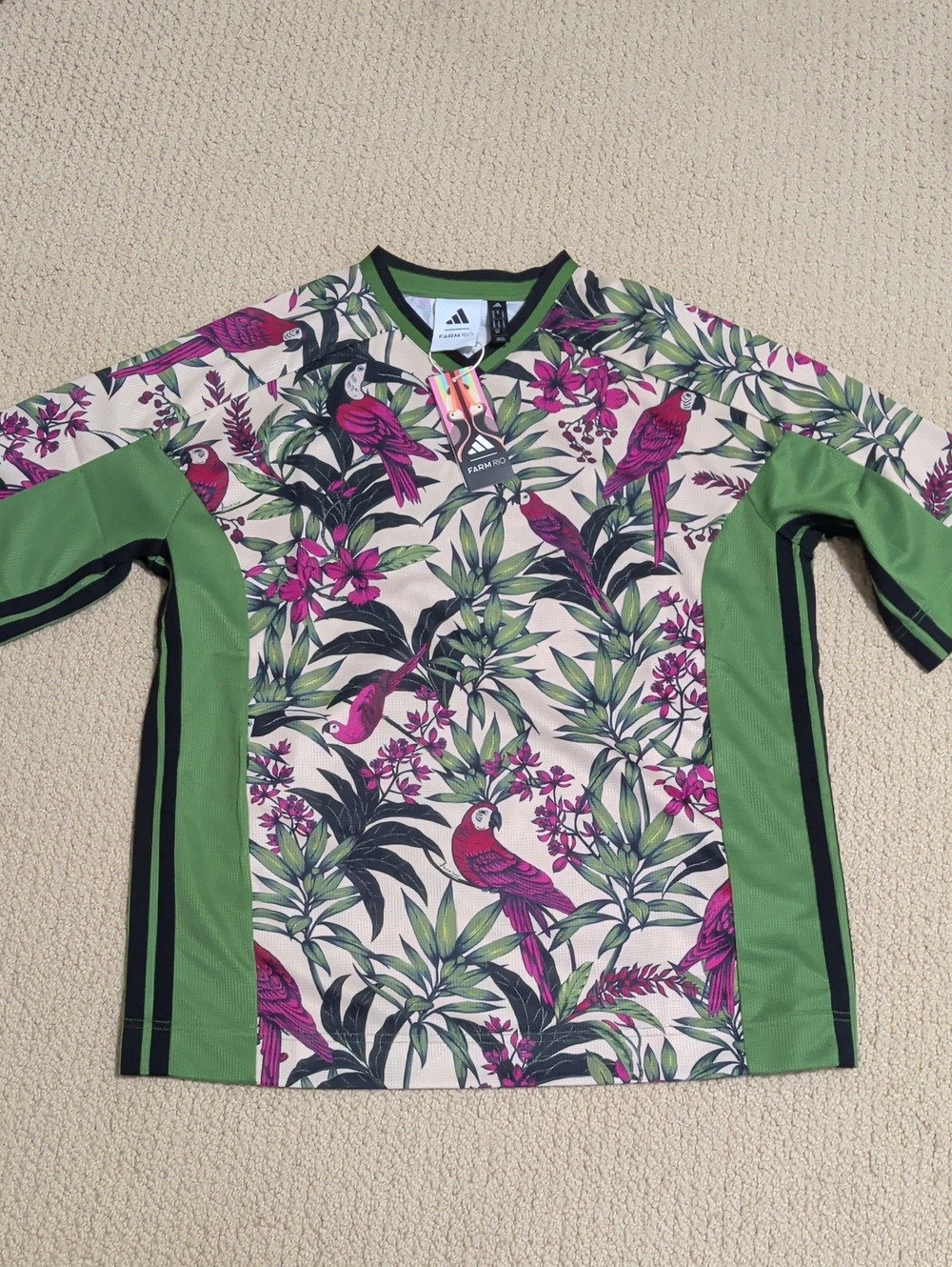 adidas x Farm Rio Green and Pink Tropical Parrot Women V-Neck Jersey